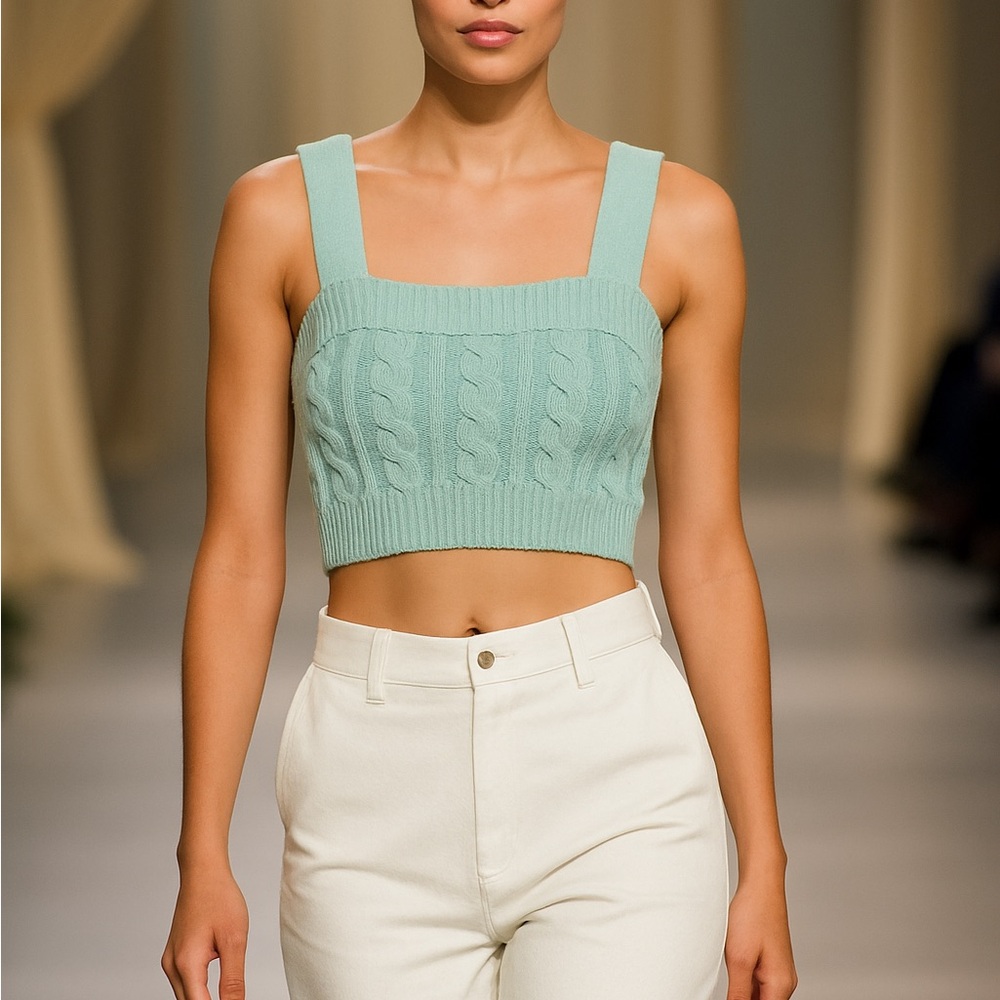 FOREVER‎ 21 - Mint Green Cable Sweater Knit Crop Top CABLE, Size S